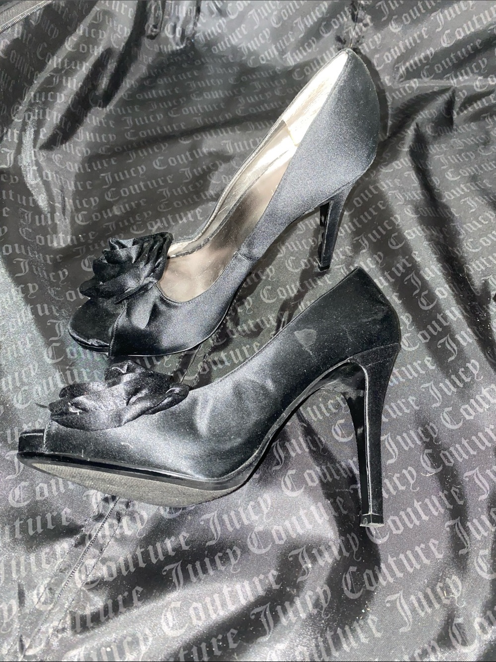 Nine West Black Satin Peep-Toe Heels with Rosette Accent